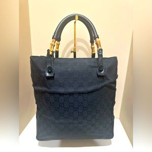 Gucci GG Webbed Canvas and Leather Bamboo Open Tote